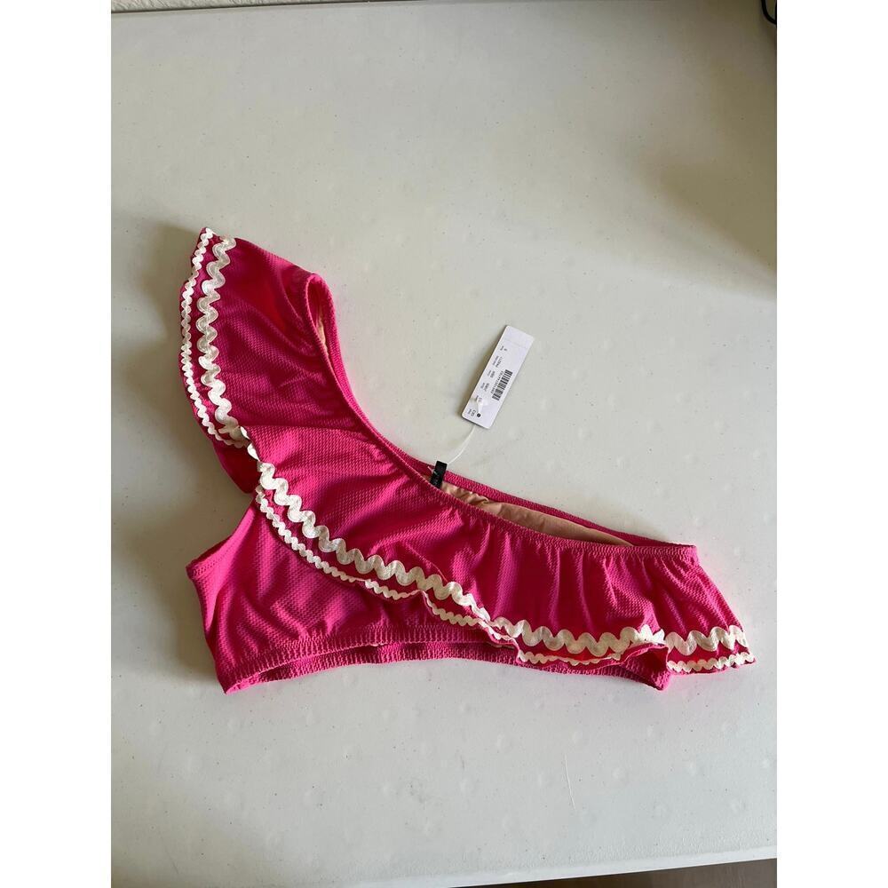 NWT J Crew Pink White Ric Rac Ruffle One Shoulder Bikini Top Sz Small - Picture 3 of 9